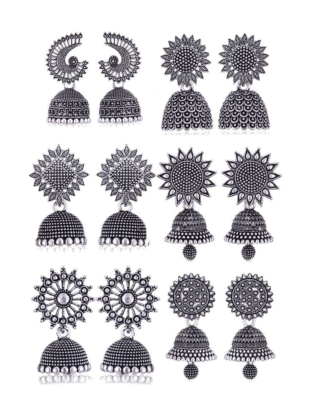 Sangria Set Of 6 Silver-Plated Stones-Studded & Beaded Oxidized Jhumka Earrings-picture-16