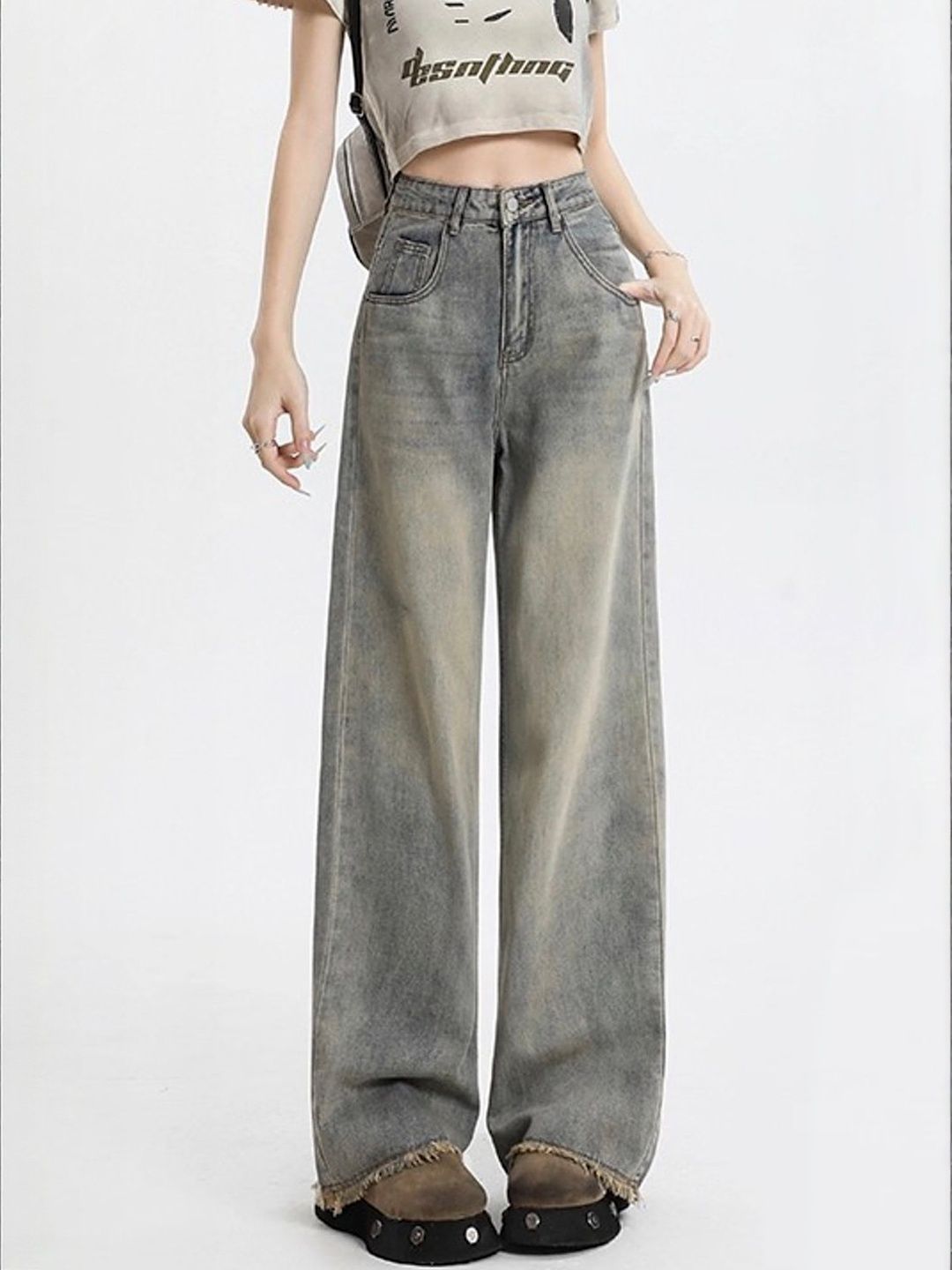 LULU & SKY Women High-Rise Heavy Fade Frayed Hem Wide Leg Jeans-picture-39