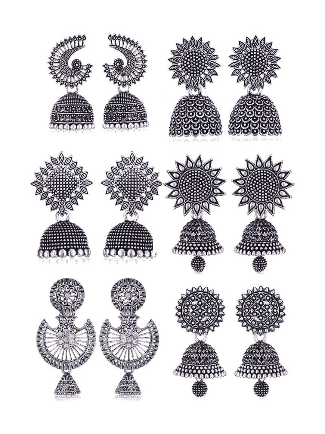 Sangria Set Of 6 Silver-Plated Stones-Studded & Beaded Oxidized Jhumka Earrings-picture-15