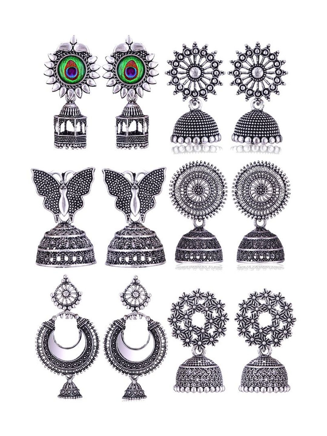 Sangria Set Of 6 Silver-Plated Stones-Studded & Beaded Oxidized Jhumka Earrings-picture-34