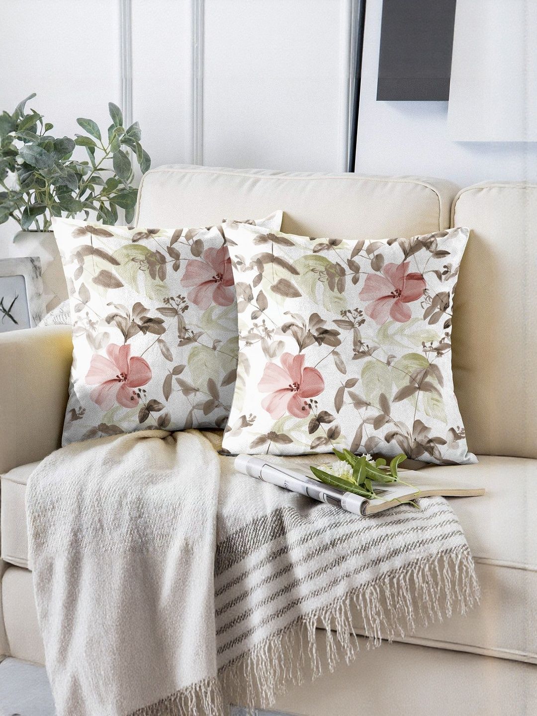 CASABLEU Pink And White 2 Pieces Floral Square Cushion Covers-picture-47