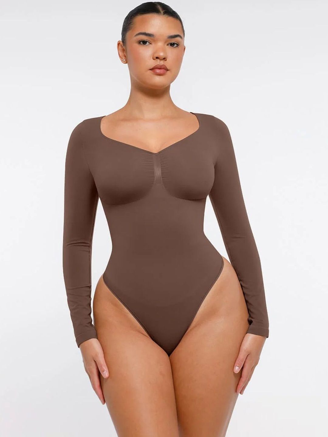 SHOP THE EDIT Women Pack of 2 V-Neck Long Sleeve Tummy Control Shapewear Bodysuit-picture-19