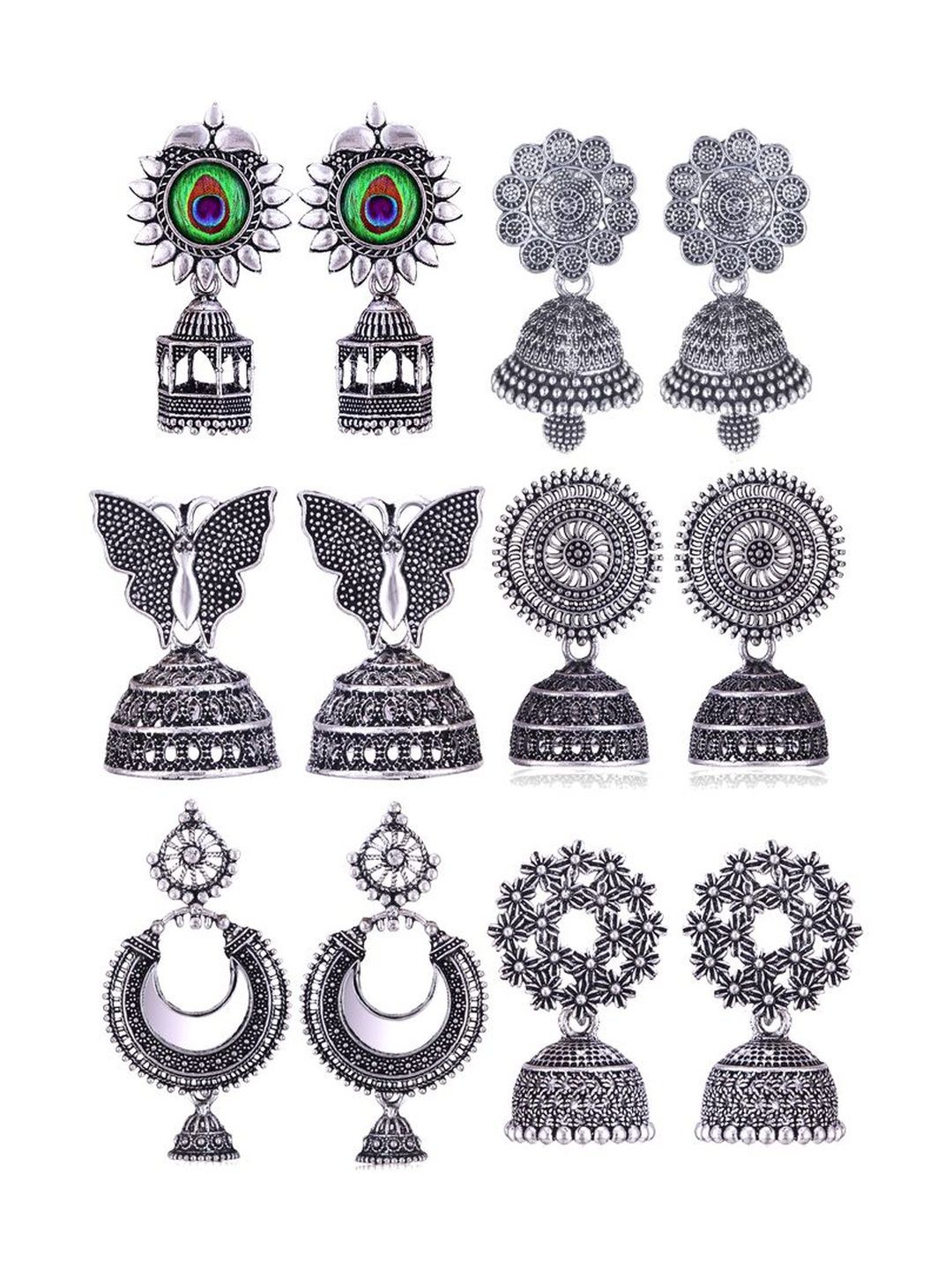 Sangria Set Of 6 Silver-Plated Stones-Studded & Beaded Oxidized Jhumka Earrings-picture-31
