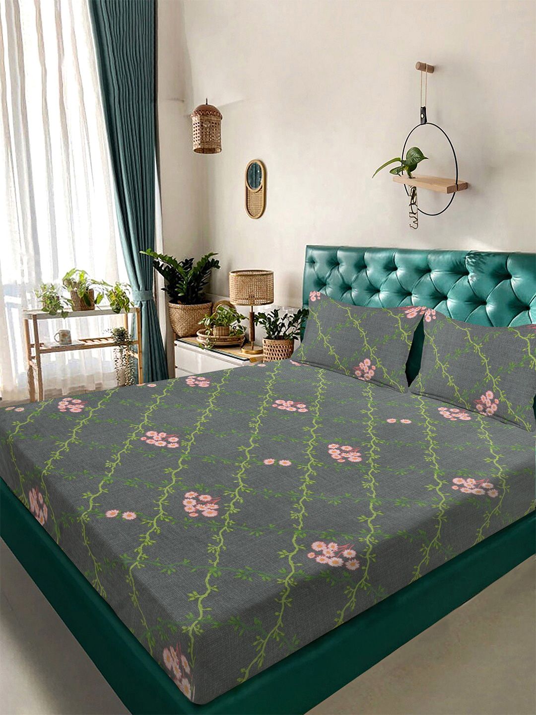 Myntra Elegant Homes Grey & Pink Printed 300 TC Fitted King Bedsheet Set 2.5 x 2.25 m-picture-11