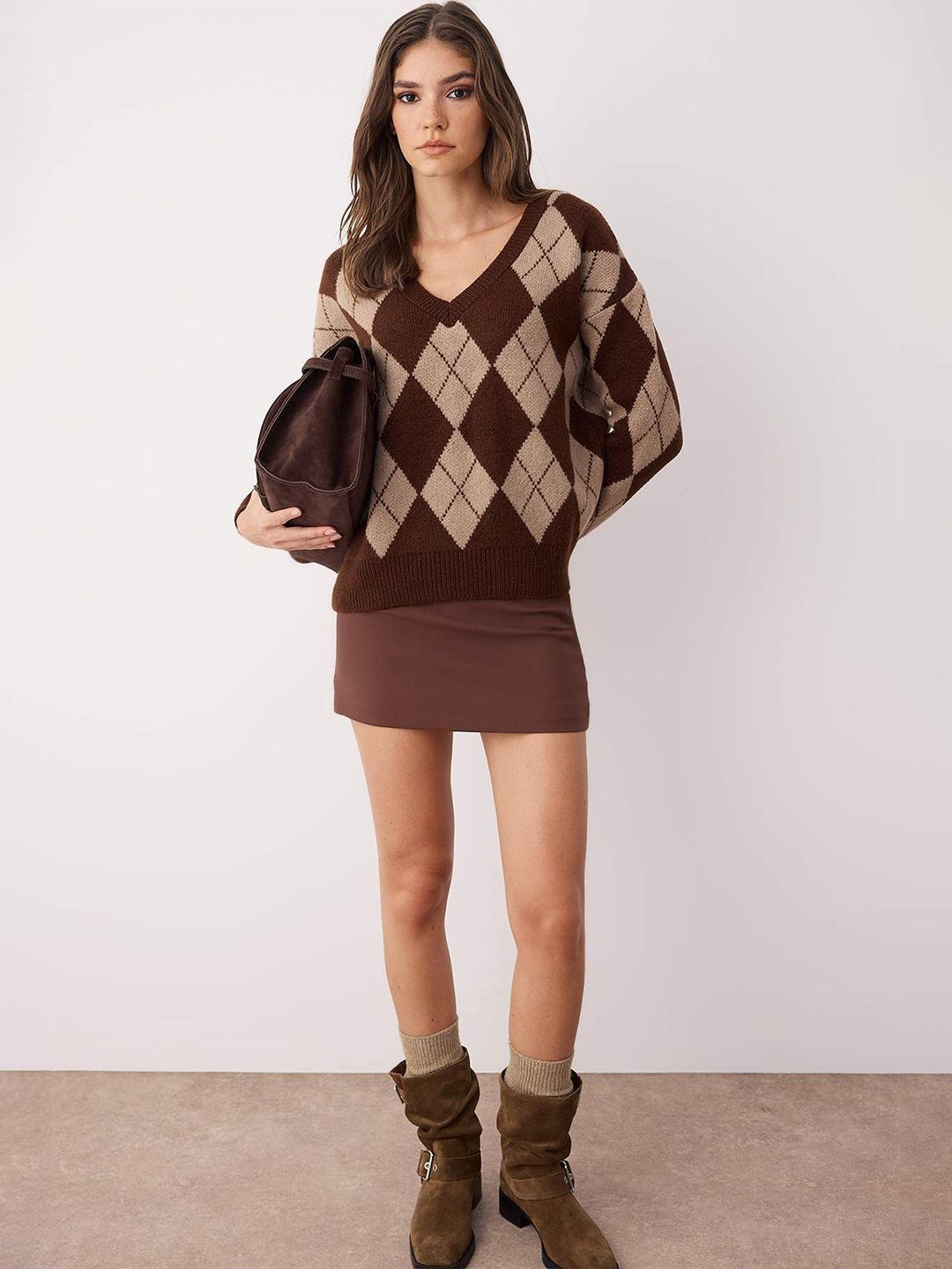 Trendyol Women Argyle V-Neck Drop-Shoulder Sleeves Pullover-picture-27