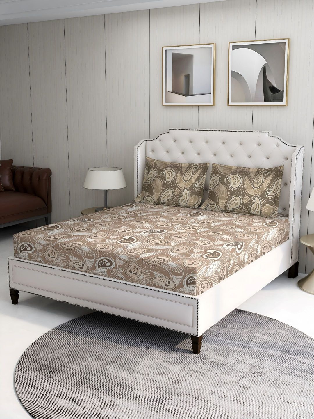 BOMBAY DYEING Beige & White Floral 100 TC Bedsheet with 2 Pillow Covers-picture-33