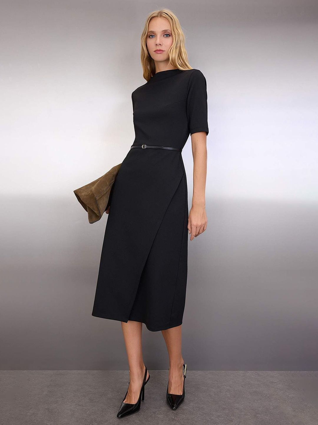 Trendyol Women High Neck Short Sleeves Belted Formal Sheath Midi Dress-picture-19