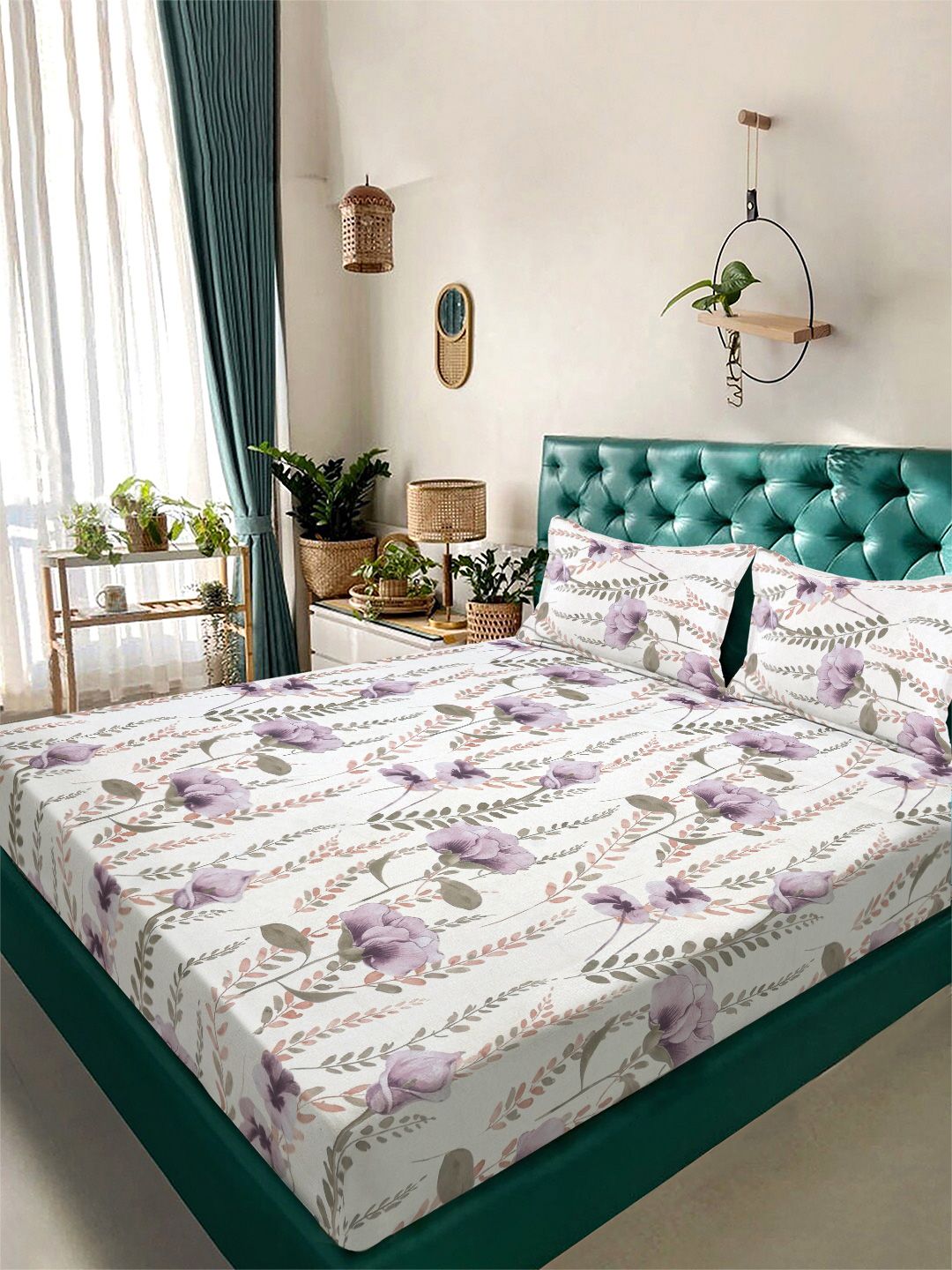 Myntra Elegant Homes White & Purple Printed 300 TC Fitted King Bedsheet Set 2.5 x 2.25 m-picture-24