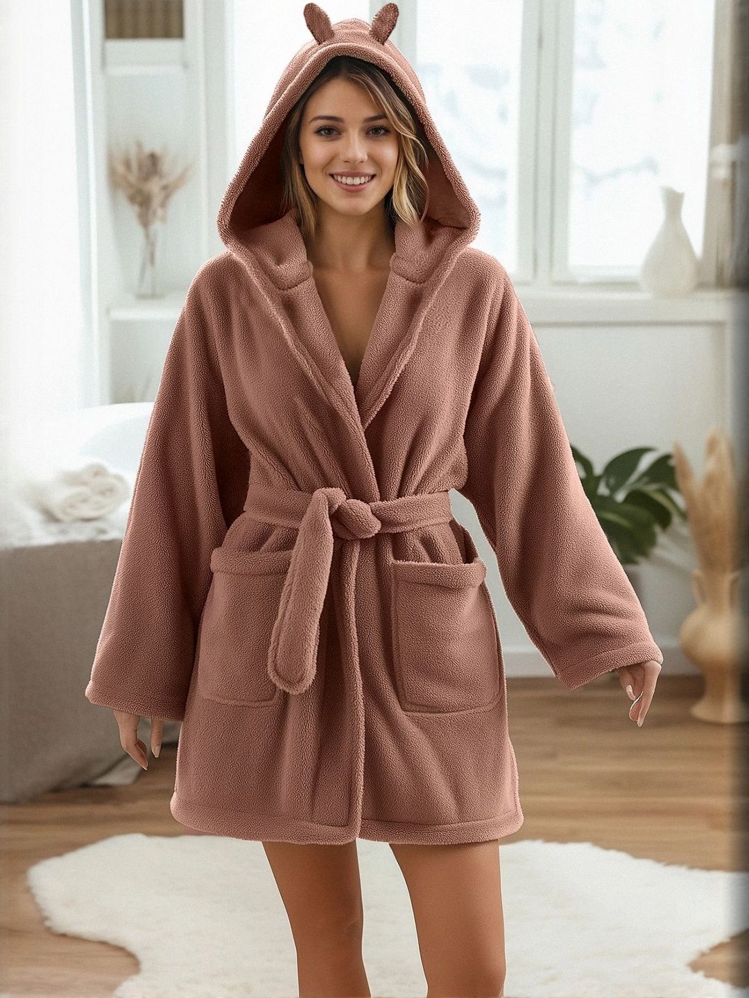Trendyol Women Hooded Full Sleeves Mini-Length Robe with Belt-picture-13