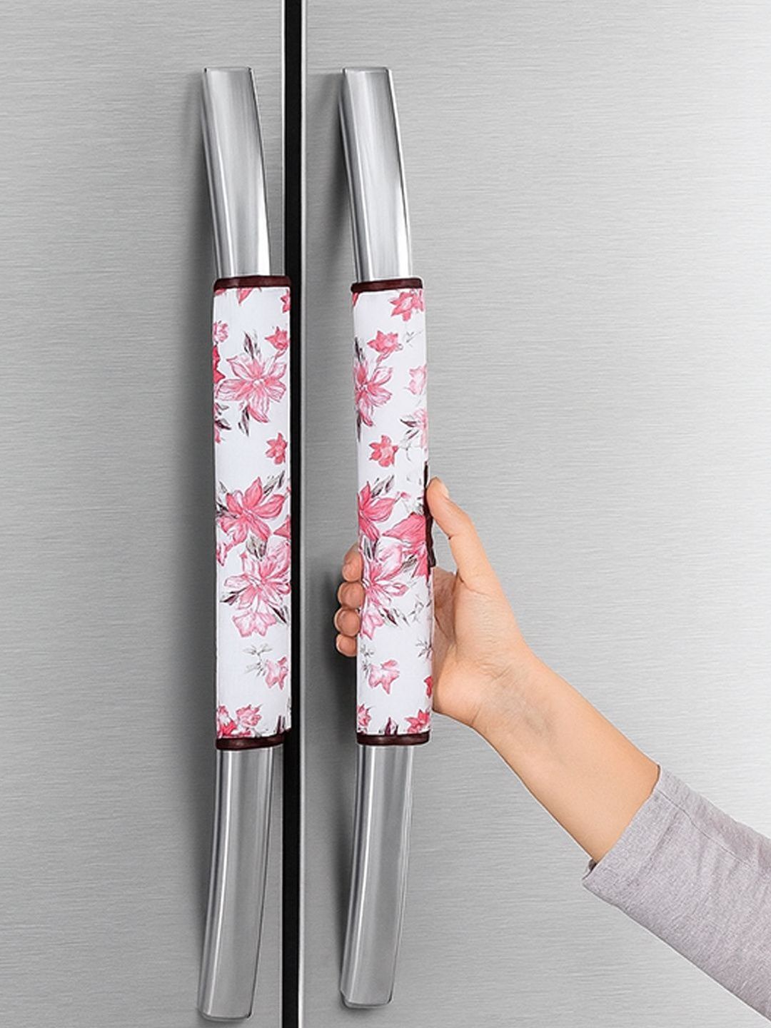 Kuber Industries White & Pink 2 Pieces Floral Printed Fridge Handle Covers-image-6