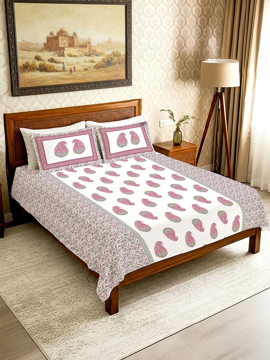 URBAN SPACE Regal Pink Ethnic Pure Cotton 300TC Fitted King Bedsheet Set-1.82mx1.98m-picture-36