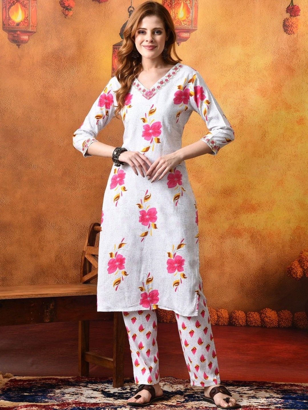BKApparels Women Floral Printed Regular Thread Work Pure Cotton Kurta with Trousers-picture-15