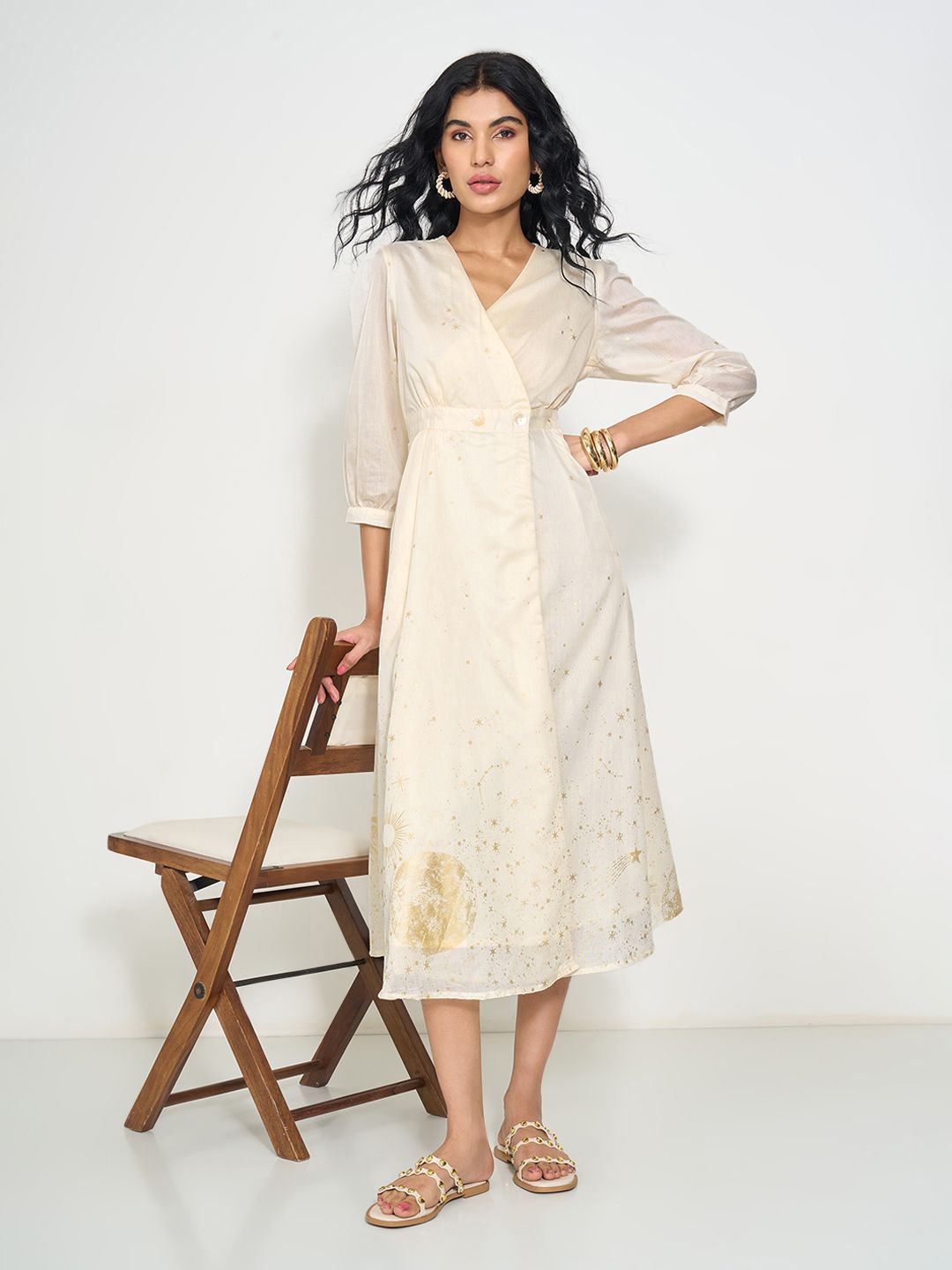 AKKRITI BY PANTALOONS Women V-Neck Star Printed Wrap Midi Dress-picture-15