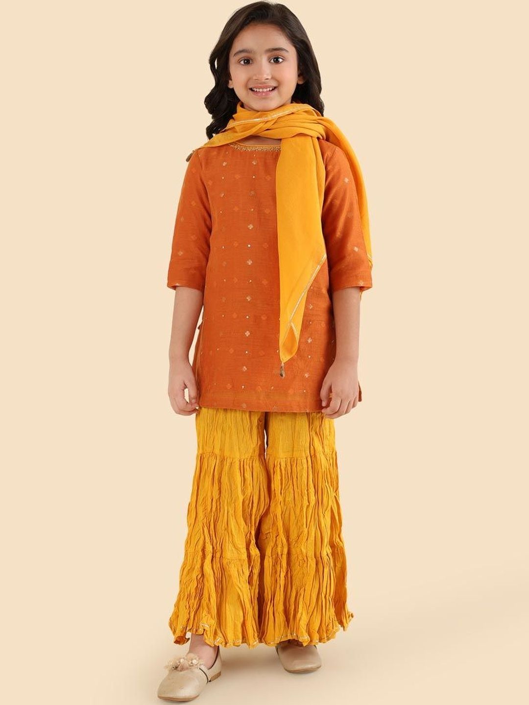 Fabindia Girls Ethnic Motifs Printed Regular Sequinned Kurta with Sharara & With Dupatta-picture-26