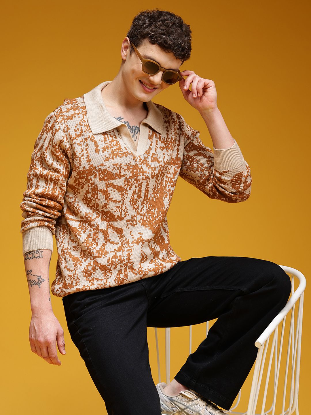 HERE&NOW Abstract Printed Shirt Collar Pullover-picture-43