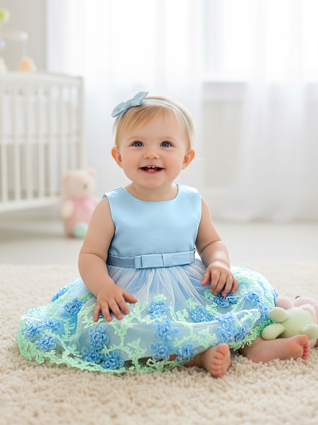 YK Infant Girls Floral & Bow Satin Fit & Flare Dress-picture-11
