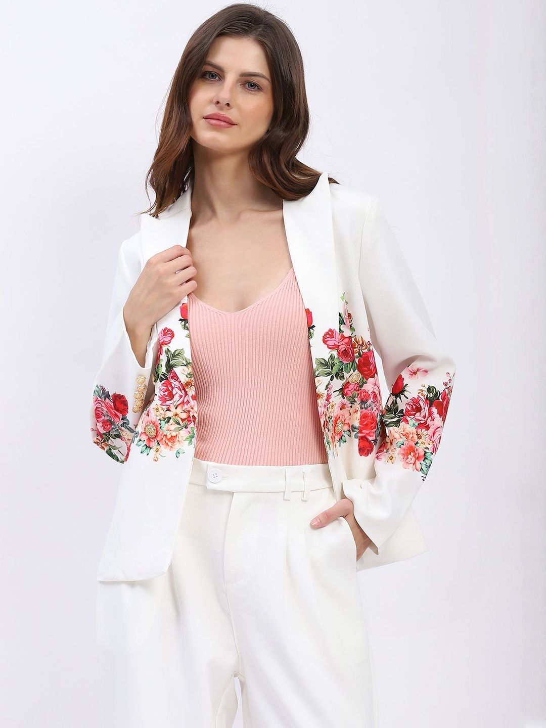Global Republic Floral Printed Notched Lapel Open-Front Blazer-image-48