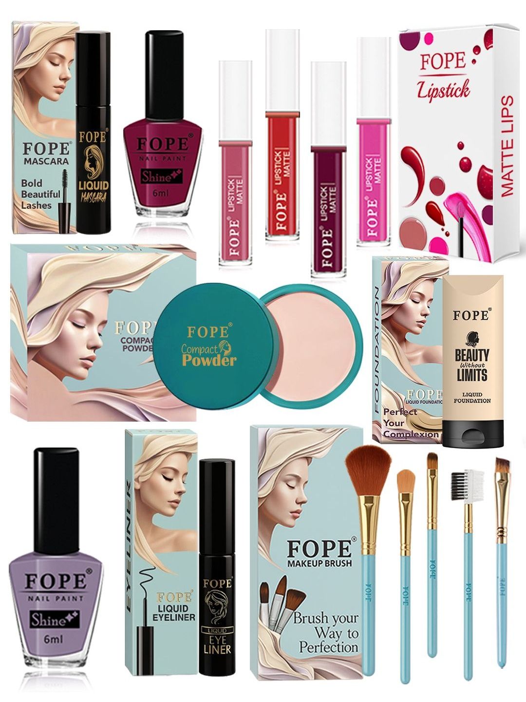 FOPE Set Of 15 Foundation, Compact, Mascara, Lipstick, Nail Polish & Brush Makeup Combo-image-3