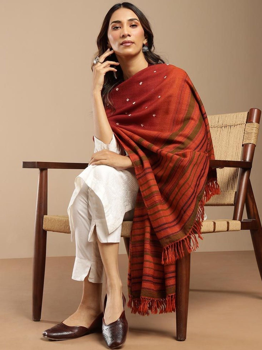 Fabindia Bandhani Printed Tasselled Border Detail Woollen Shawl-picture-36