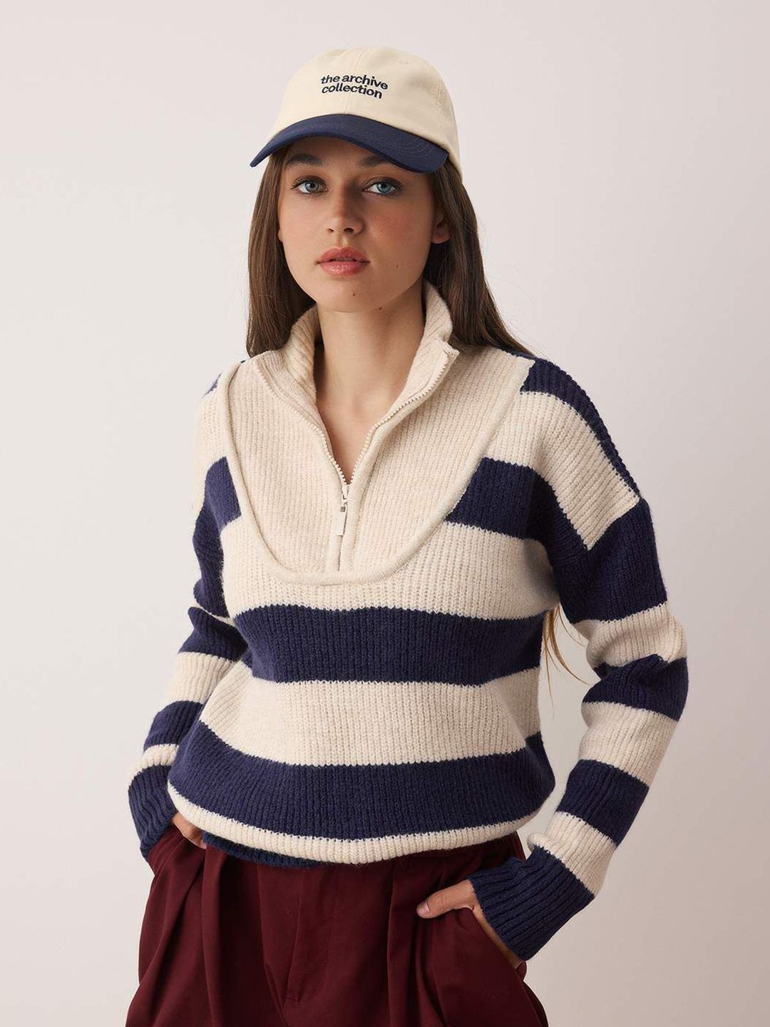 Trendyol Women Mock Collar Half Zipper Striped Pullover-picture-26