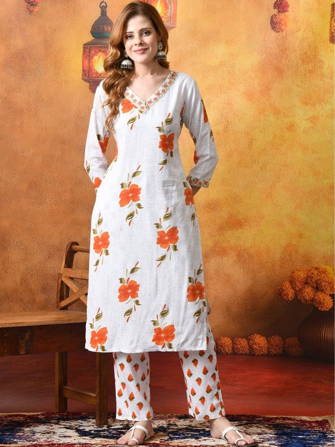 BKApparels Women Floral Printed Regular Thread Work Pure Cotton Kurta with Trousers-picture-14