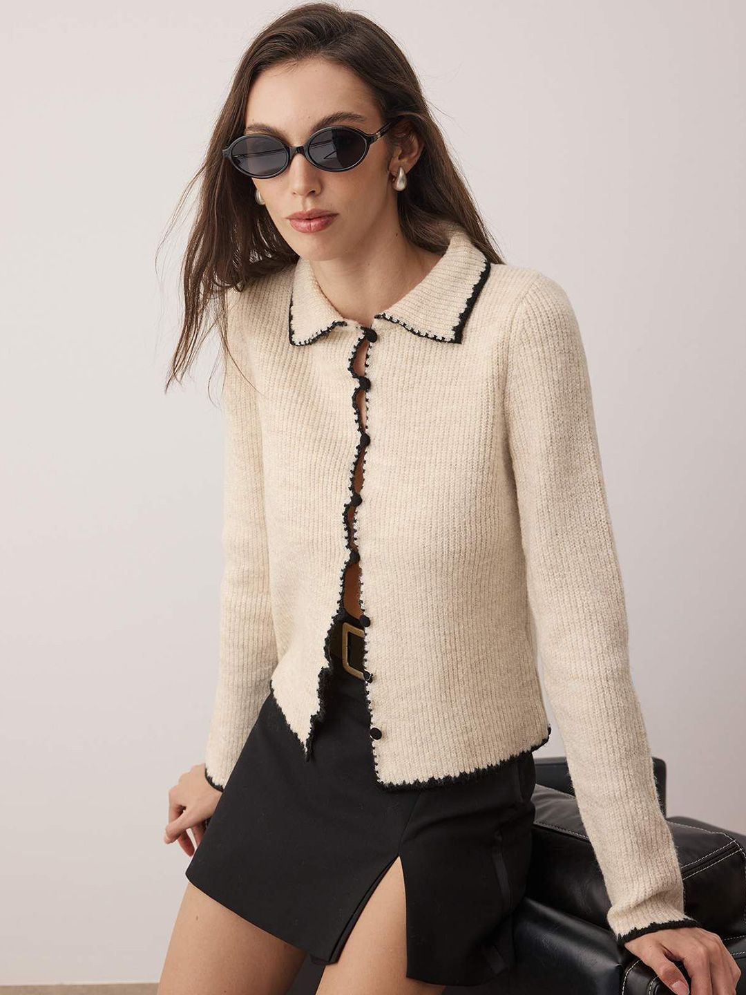 Trendyol Women Ribbed Shirt Collar Long Sleeves Cardigan