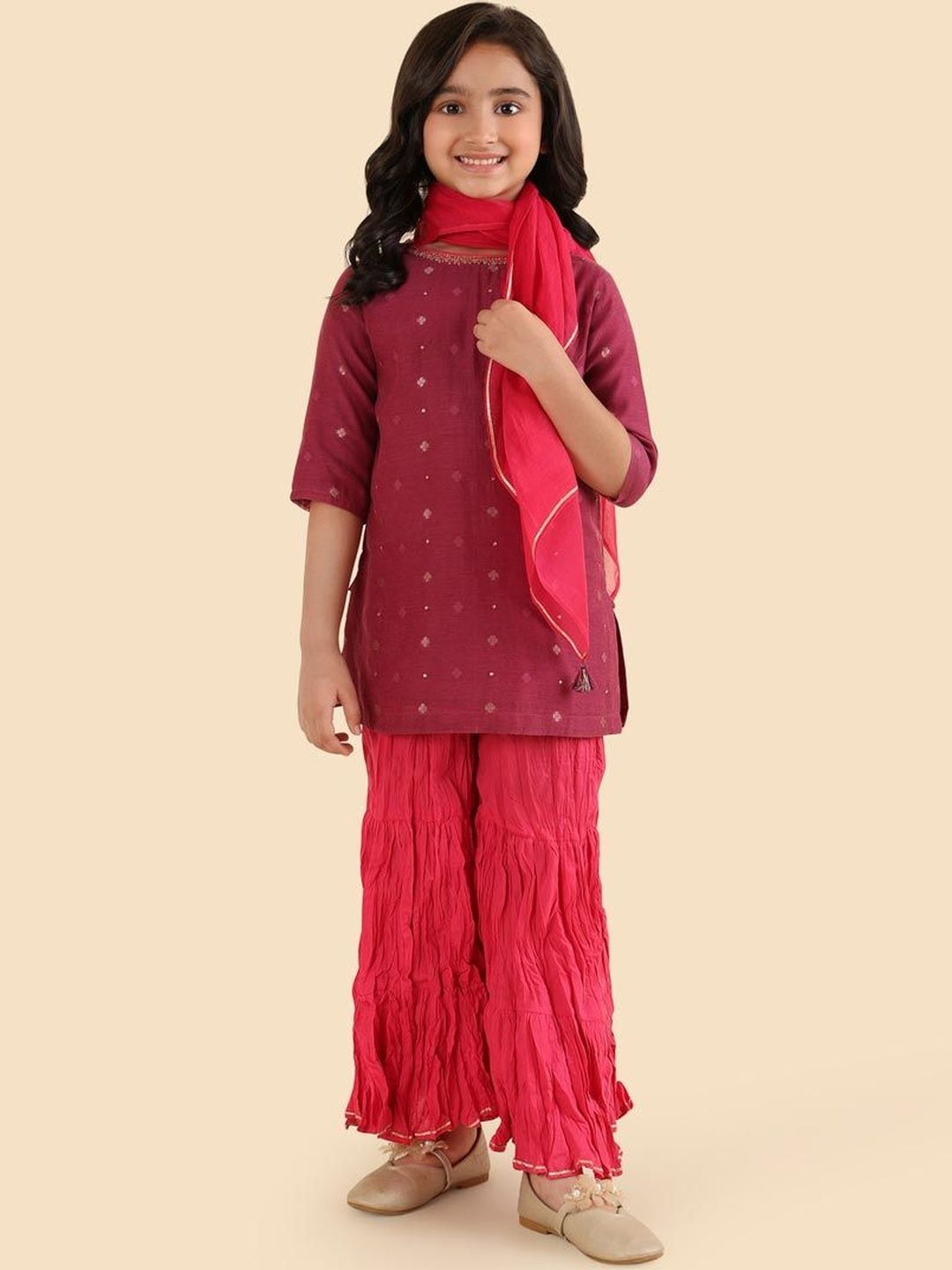 Fabindia Girls Ethnic Motifs Printed Regular Beads and Stones Kurta with Sharara & With Dupatta-picture-25