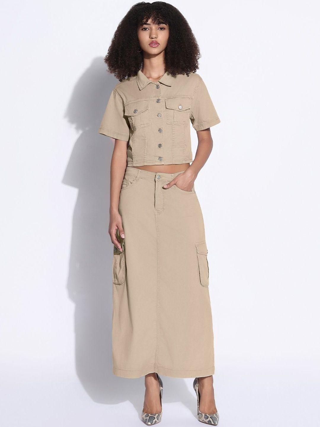 SHOWOFF Shirt Collar Denim Crop Shirt & Cargo Skirt-picture-20