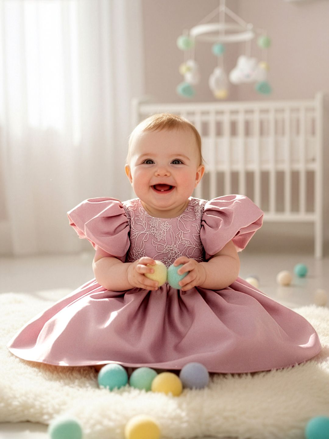 YK Infant Girls Puff Sleeve Satin Floral Dress with Detachable Bow-picture-28