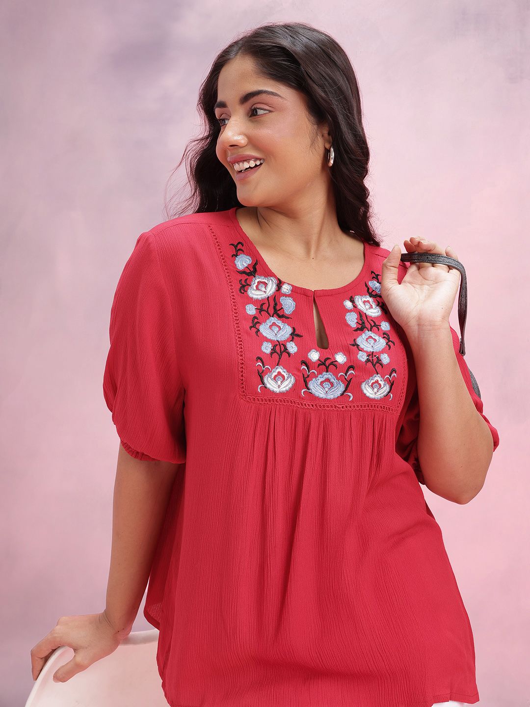 DressBerry Curve Floral Embroidered Keyhole Neck Puff Sleeve A-Line Top-picture-35