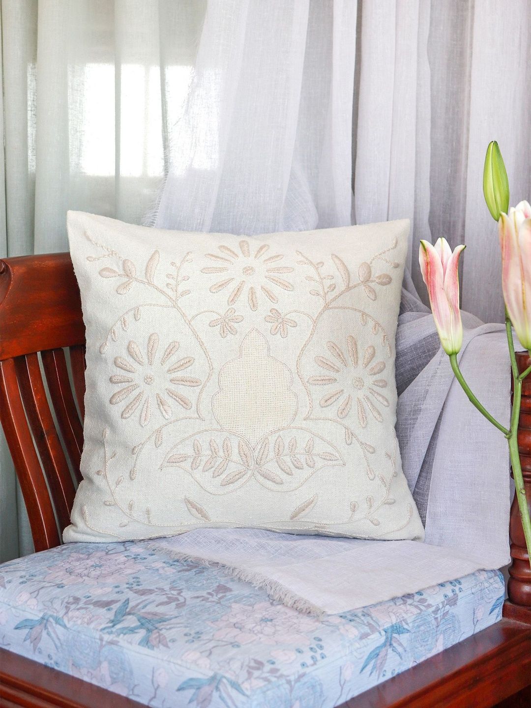 ZEBA Off White Leaf Embroidered Breathable Square Cushion Covers - 16" x 16"-image-32
