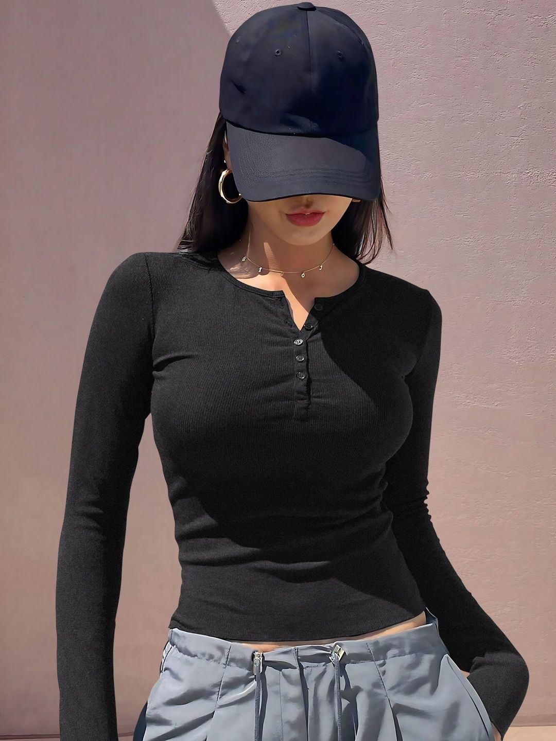 Dream Beauty Fashion Women Ribbed Henley Neck Long Sleeves Fitted Top-picture-14