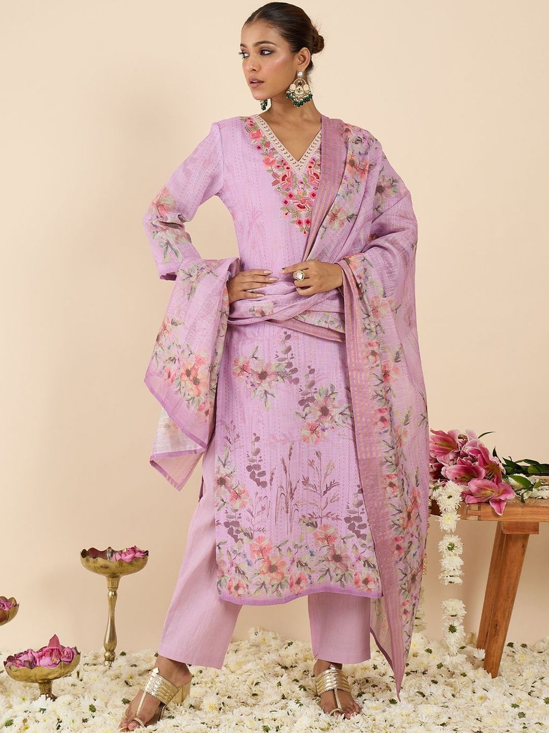 Indo Era Women Floral Printed Regular Thread Work Linen Kurta with Trousers & With Dupatta-picture-22