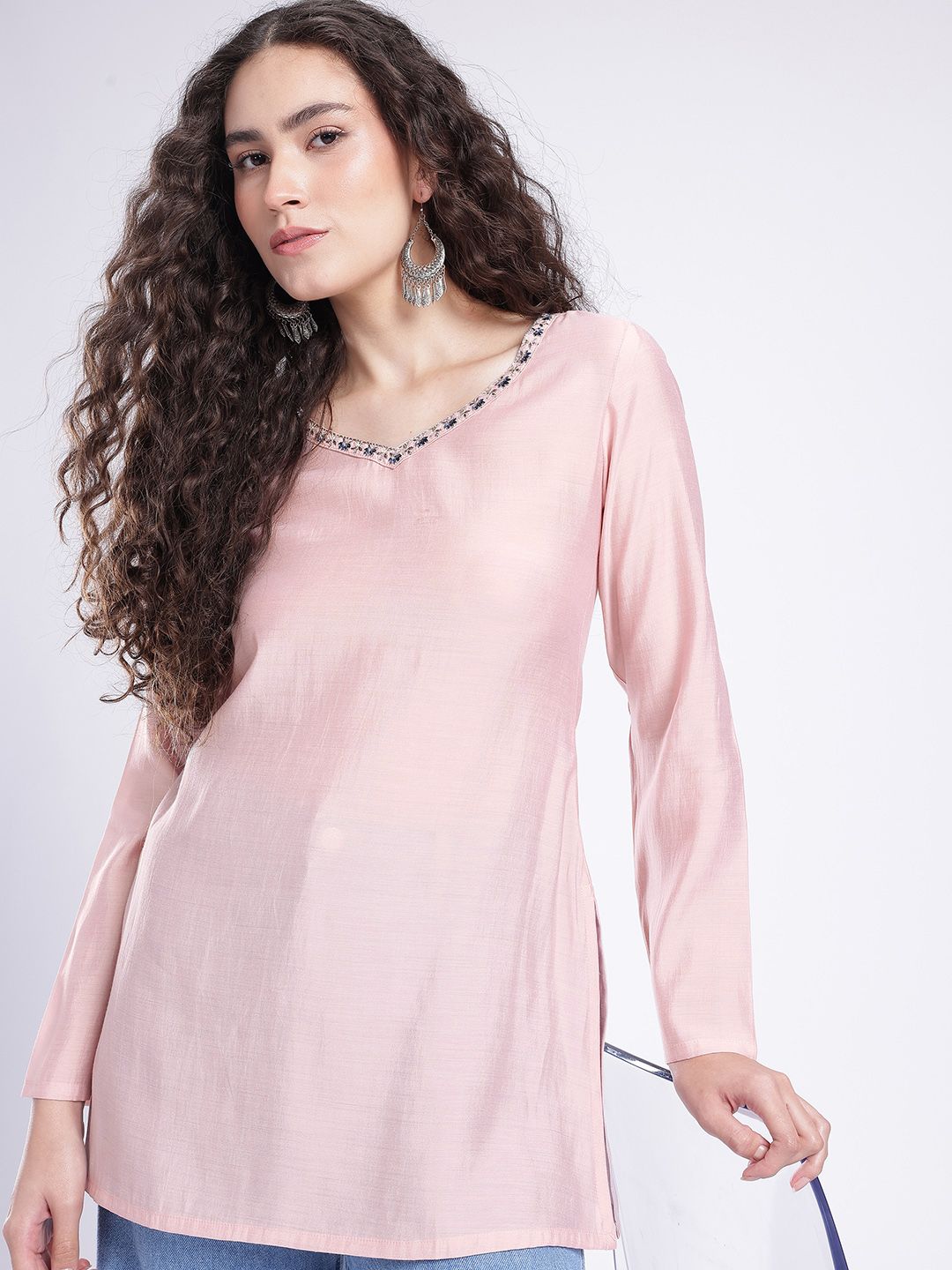 fusion by glitchez V-Neck Thread Work Straight Kurti-image-43