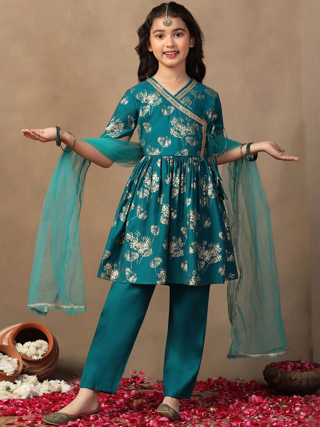 BAESD Girls Floral Printed Angrakha Kurta with Trousers & With Dupatta-image-30