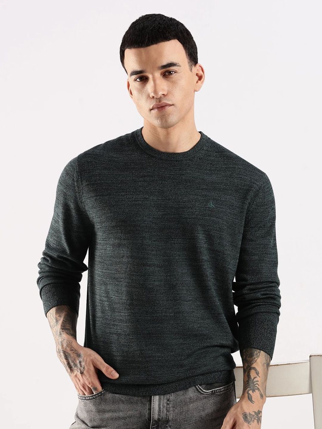 Calvin Klein Jeans Men Solid Regular Fit Round Neck Long Sleeve Woollen Pullover Sweater-picture-11