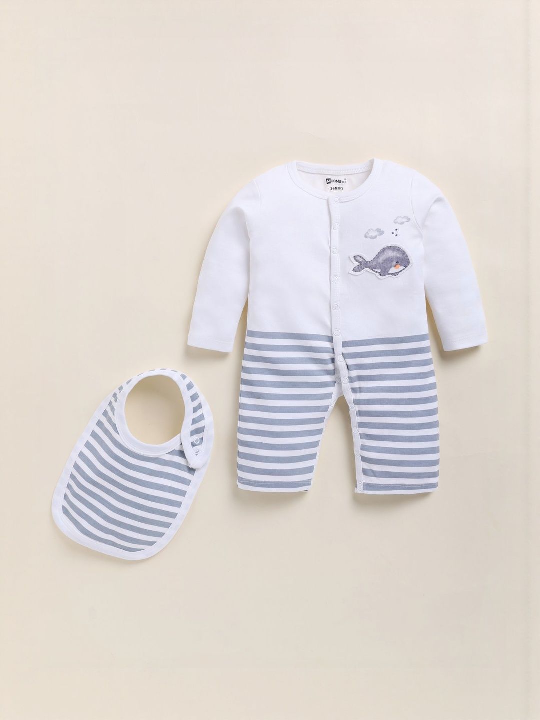 MooNKids Infants Striped Pure Cotton Romper With Bibs