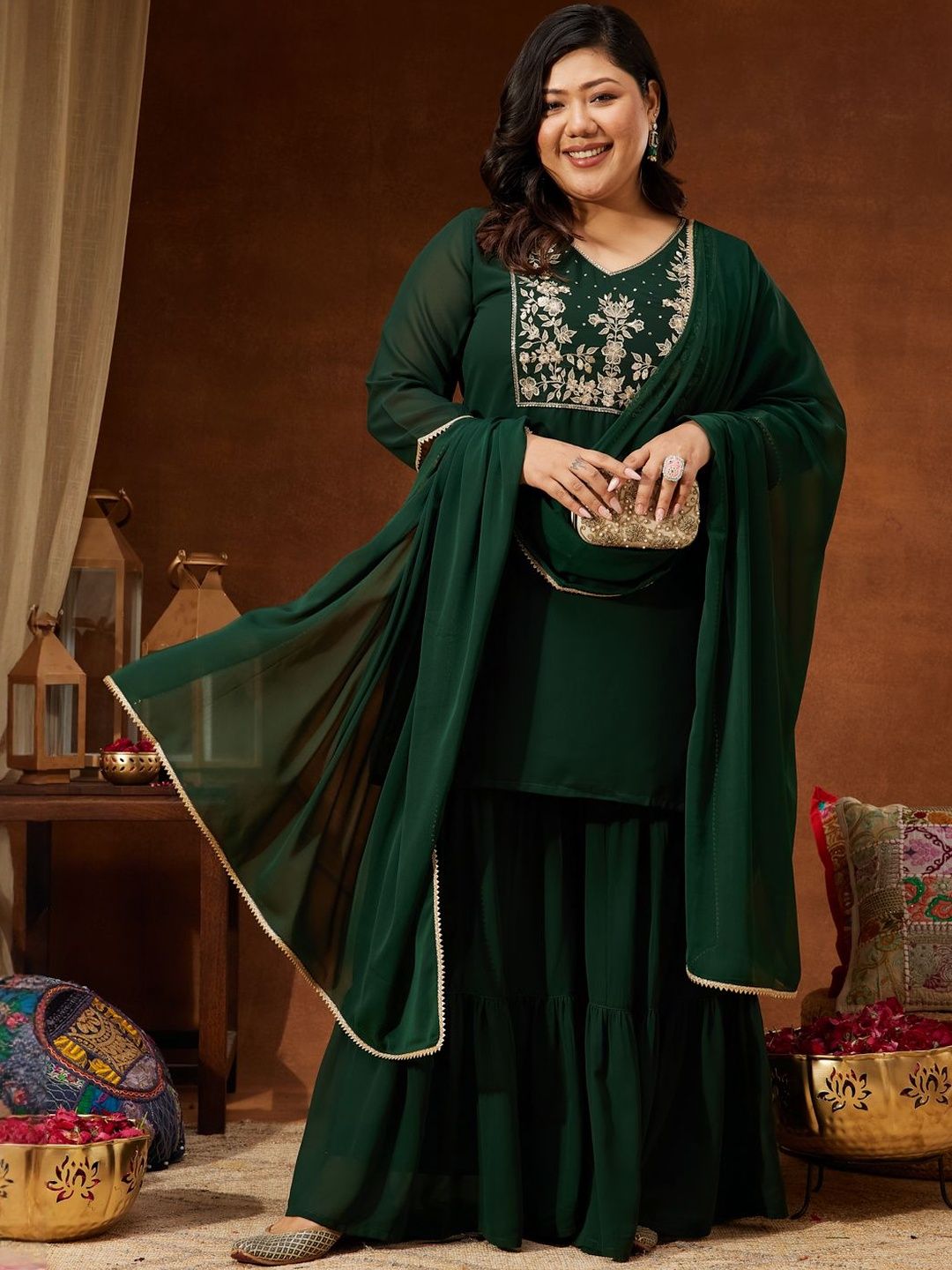 Janasya Women Floral Embroidered Regular Sequinned Kurti with Sharara & With Dupatta-picture-30