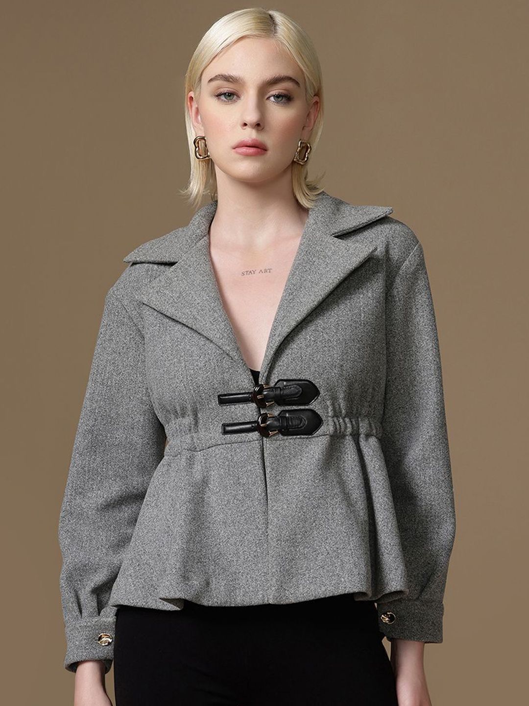 Kazo Women Lapel Collar Long Sleeves Crop Open Front Jacket-picture-24