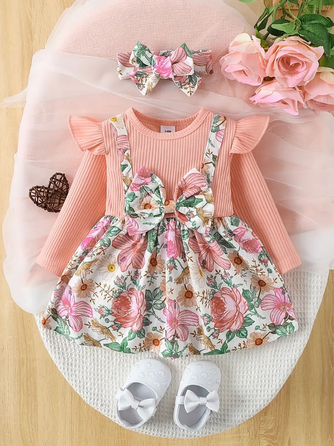 YK Girls Floral Printed Round Neck Short Sleeves A-Line Dress