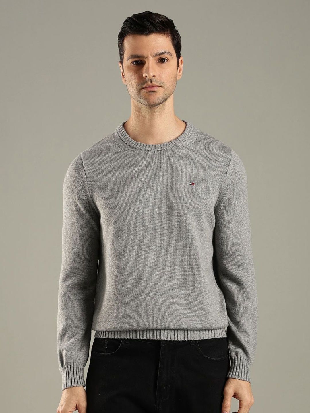 Tommy Hilfiger Men Regular Fit Ribbed Round Neck Long Sleeve Cotton Pullover