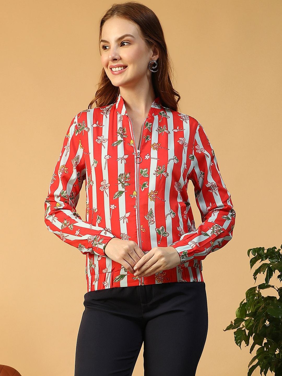 Oxolloxo Women Floral Striped Bomber Jacket-picture-29