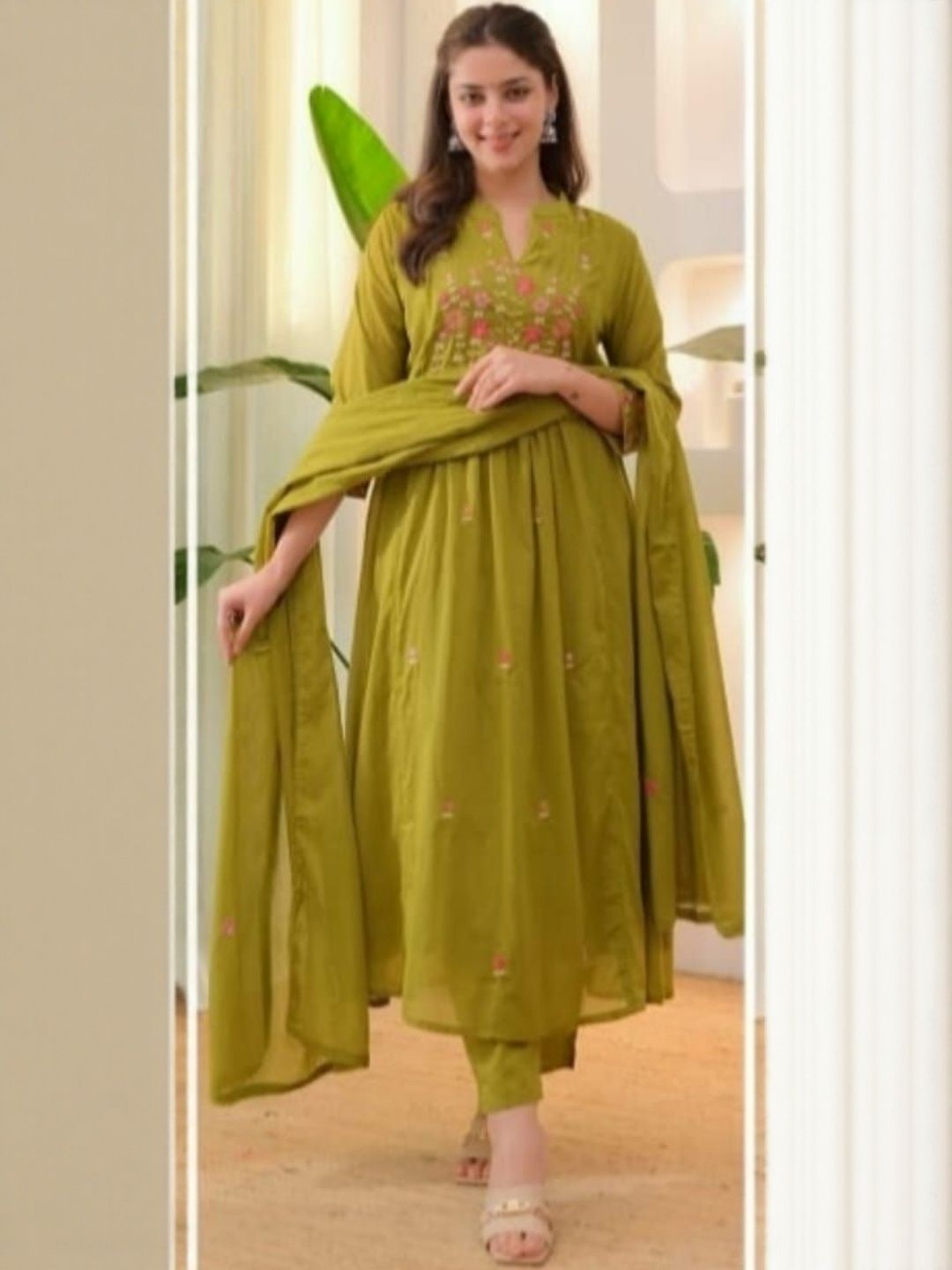 embroidered a-line thread work pure cotton kurta with trousers