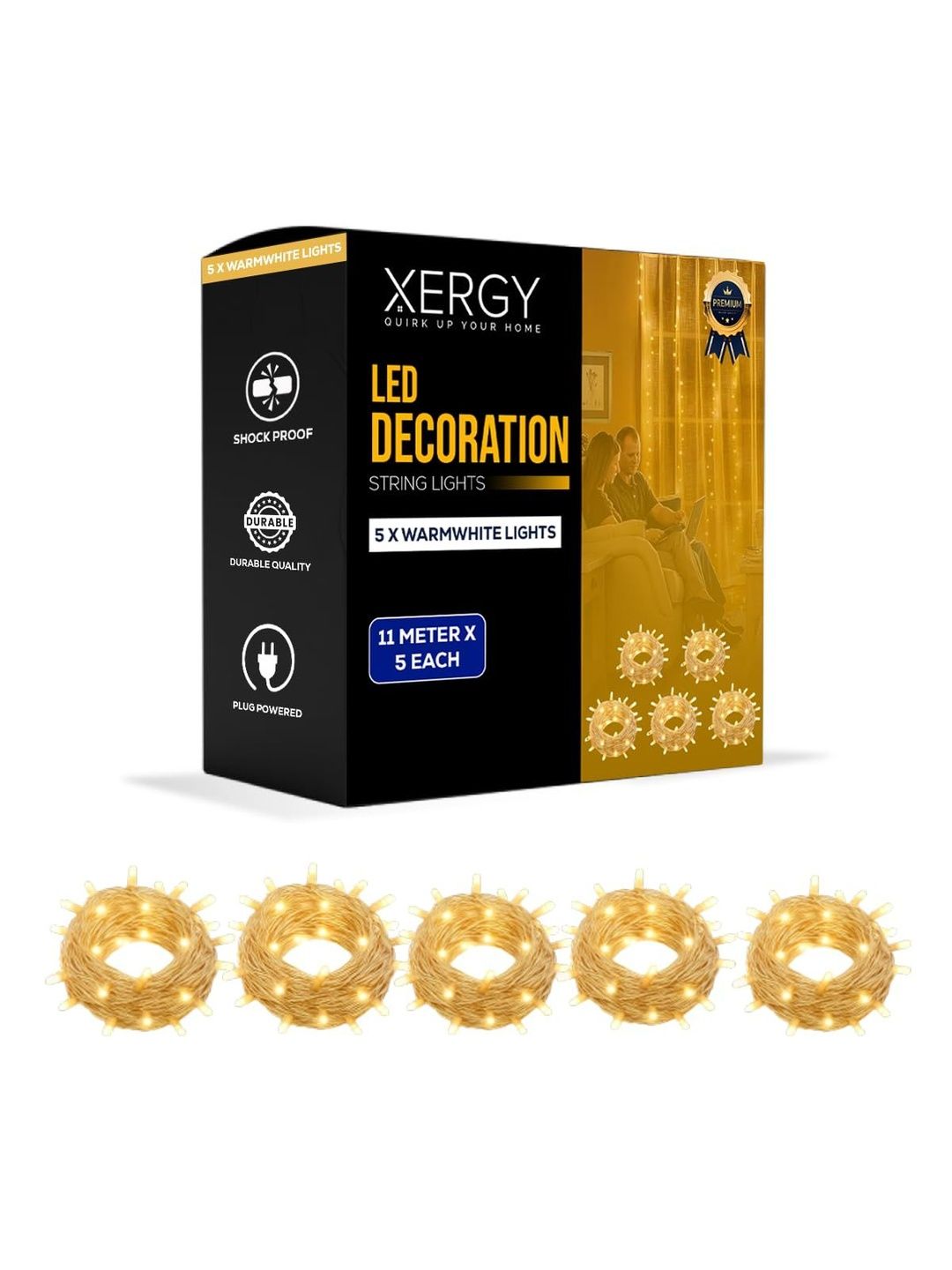 XERGY Pack Of 5 LED String Ladi Lights Warm White Decorative Fairy Lights - 11M Each-picture-25