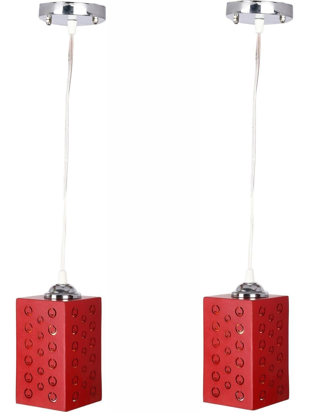 1ST TIME Red & Silver-Toned 2 Pieces Textured Rectangle Hanging Ceiling Lamps-image-11
