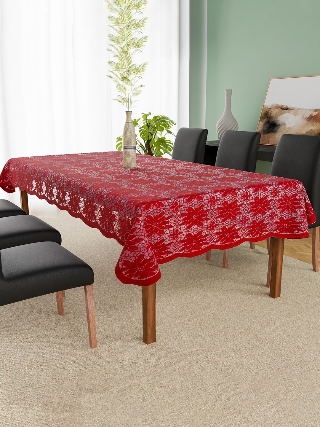 Aura Maroon & White Floral Cotton 6-Seater Rectangle Table Cover-image-16