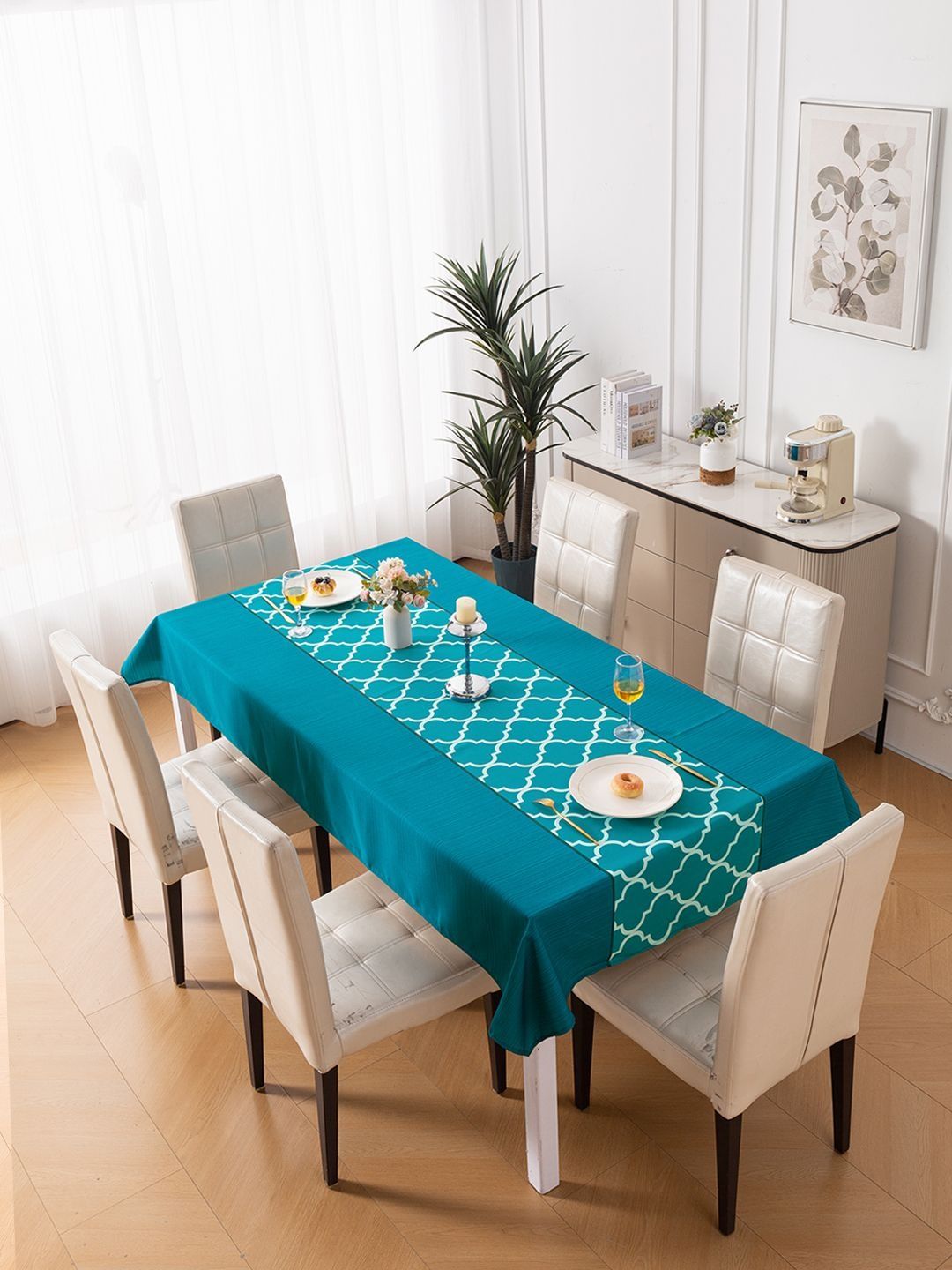 HOKIPO Aqua Trellis Table Cloth for 6 Seater Dining Table Cover 55x87 inches-picture-32