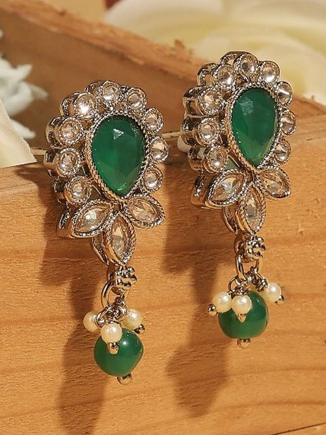 SALONI FASHION JEWELLERY GOld Plated Kundan Studded & Beaded Teardrop Shaped Drop Earrings-picture-52