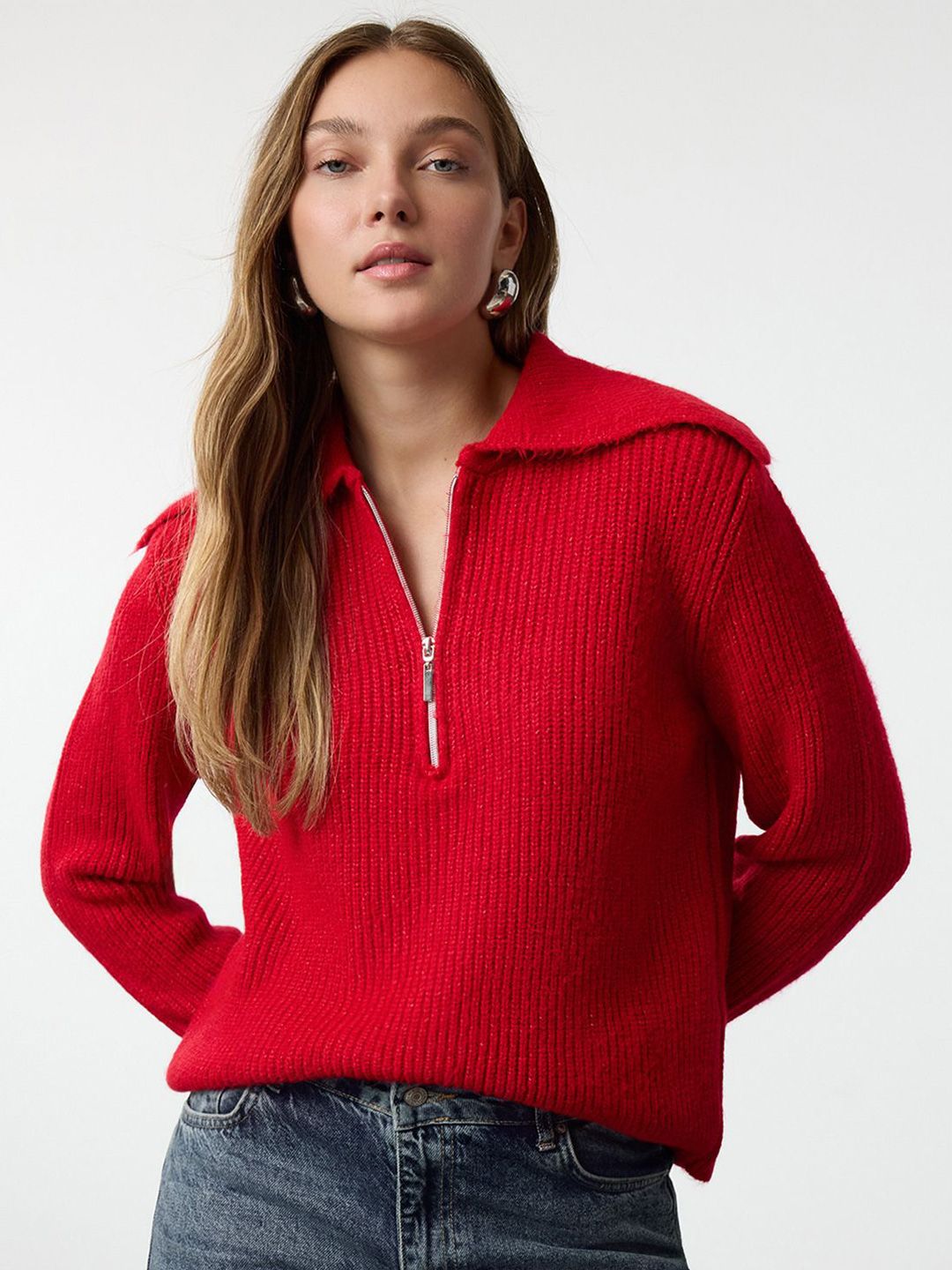 Trendyol Women Solid Ribbed Half Zipper Pullover-picture-35