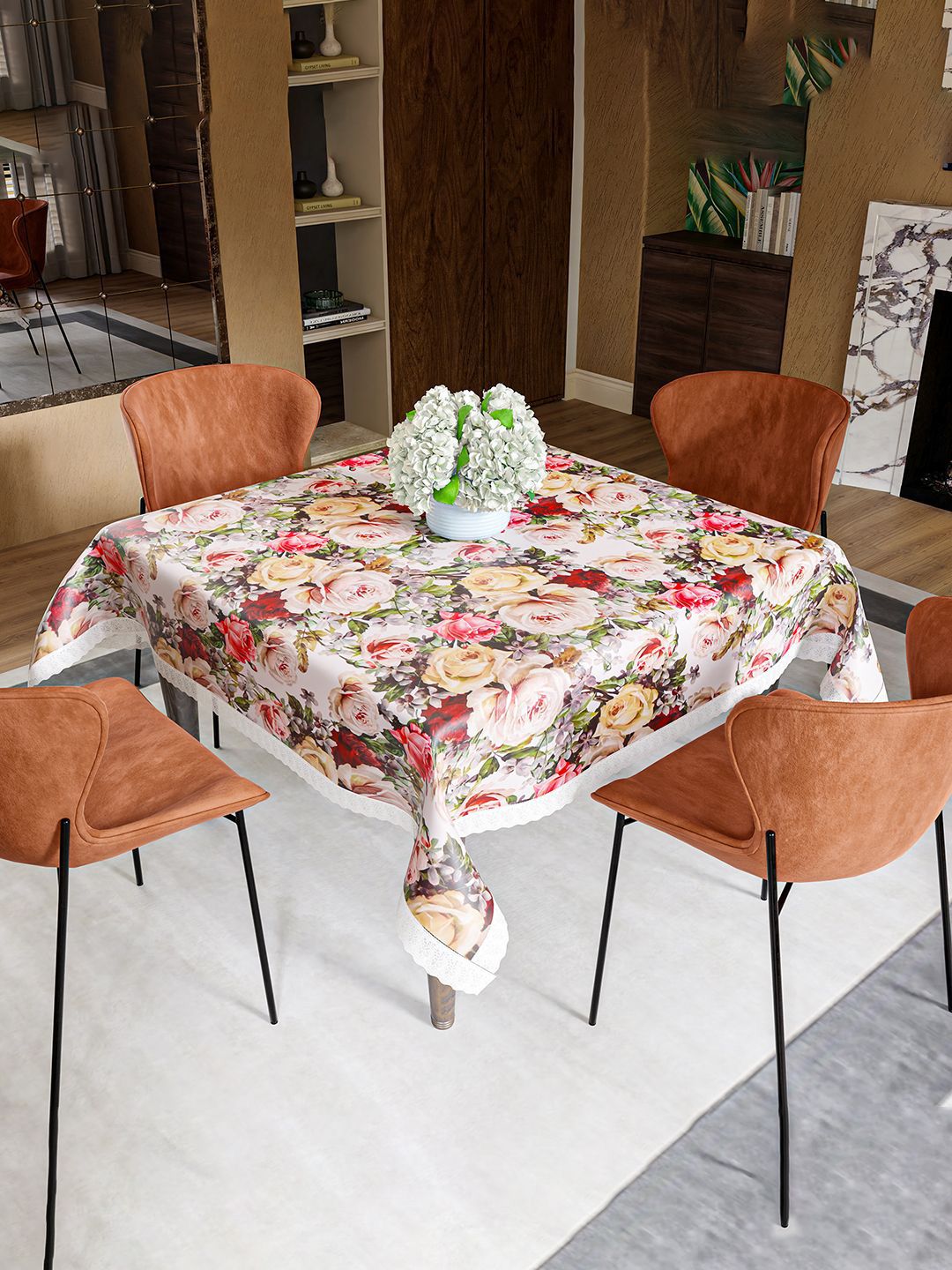 Kuber Industries White & Pink Floral Printed Waterproof 4-Seater Square Table Cover-picture-41